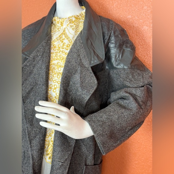 David Bengamin Vintage Wool Leather Black Long Trench Coat Shoulder Pads Size 7 - Picture 17 of 17